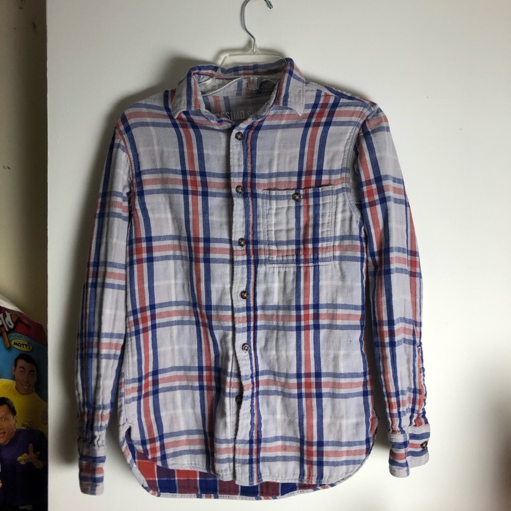 Red white and blue plaid button down